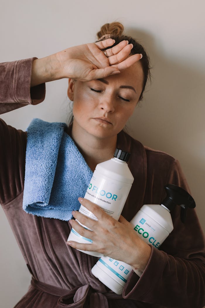 services-02 Woman holding eco-friendly cleaning products with blue microfiber cloth indoors.
